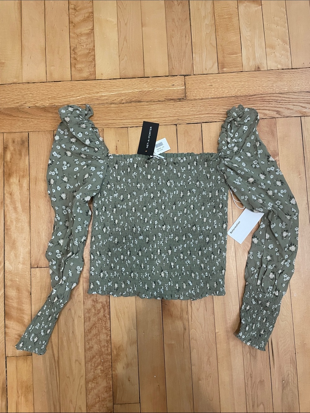 Reformation Olive Green Floral Smocked Puff-Sleeve Crop Top
